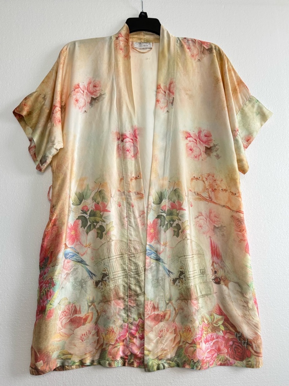 Christine Vancouver 100% Silk Short Robe Kimono Small Floral Birdcage Peach Pink